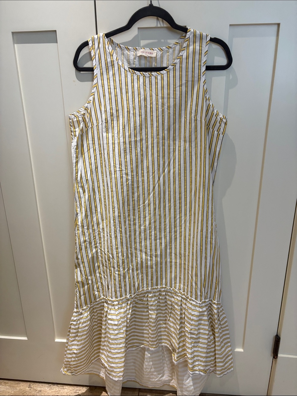 Solitaire White & Mustard Sleeveless Striped Ruffle-Hem Dress